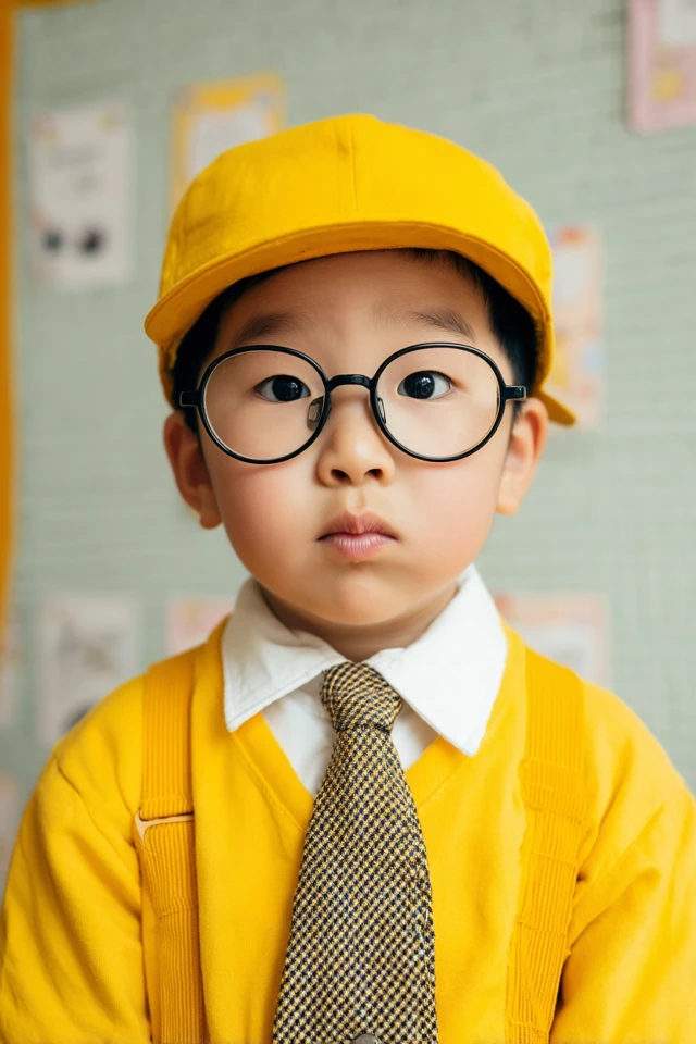 Asian Boy in Kindergarten Uniform and Glasses