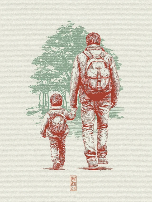 Father and Son Walking Home Illustration