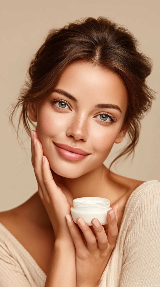 Beautiful Girl Using Face Cream Skincare Portrait