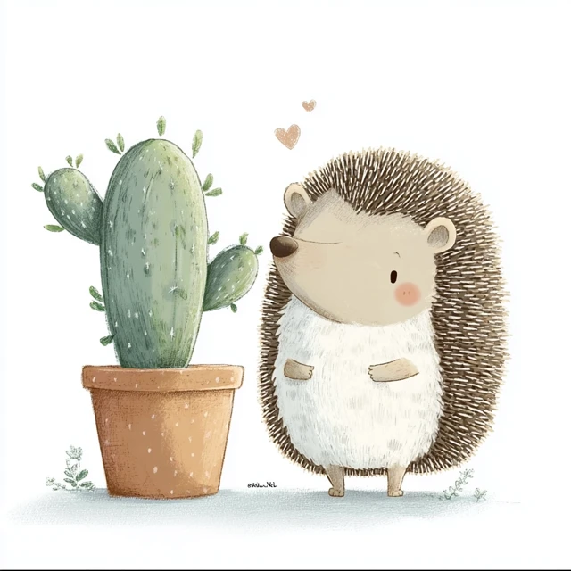 Cute Hedgehog and Cactus Childrens Illustration