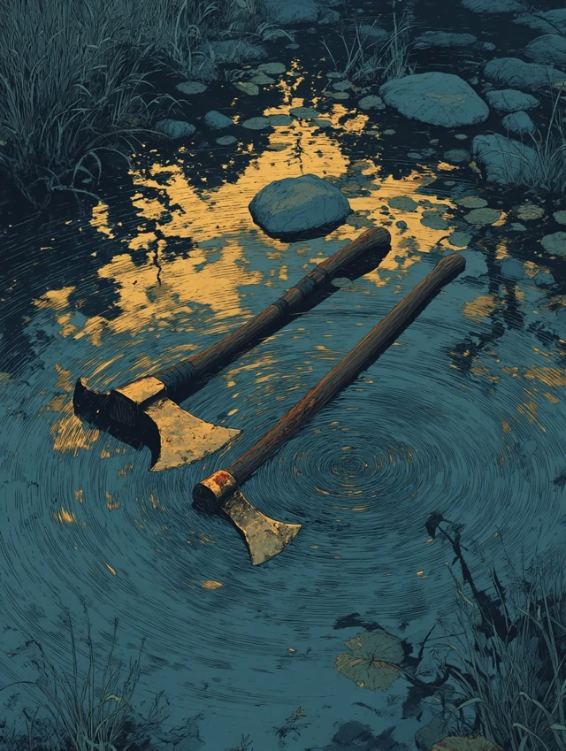 Gold and Silver Axes in a Pond Storybook Art