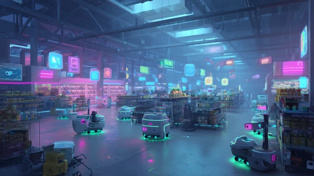 Futuristic Retail Warehouse with Robots and Neon Lights