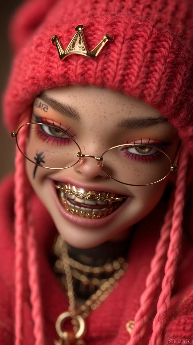 Pink Hair Girl with Golden Teeth Face Tattoo Crown