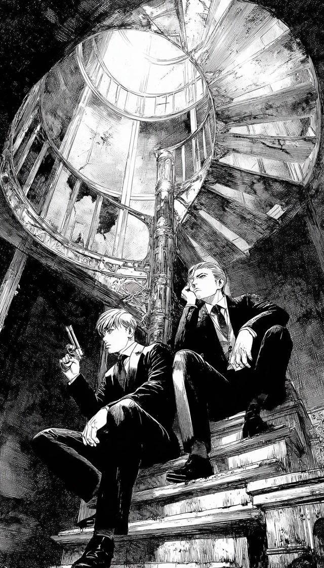 Manga Scene Two Men with Guns on Staircase
