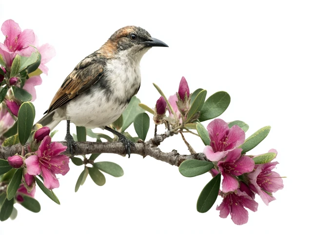 Bird on Branch with Pink Flowers Photography