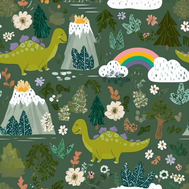 Dinosaur Pattern for Kids with Volcano Flowers and Rainbow