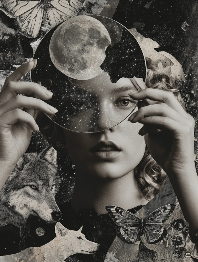 Woman Mirror Cosmic Wolves Moon Retro Art