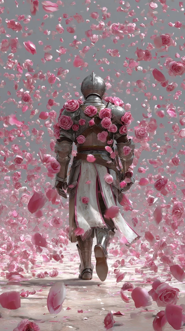 Knight in Armor with Pink Roses Fantasy Art