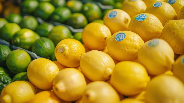 Fresh Lemons and Limes Fruit Stand Close Up
