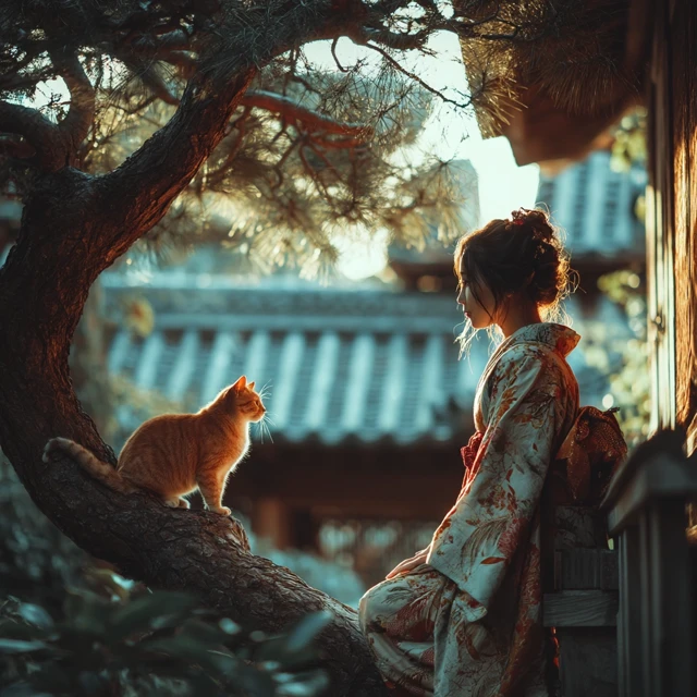 Japanese Courtyard Woman Cat Kimono Sunny Morning