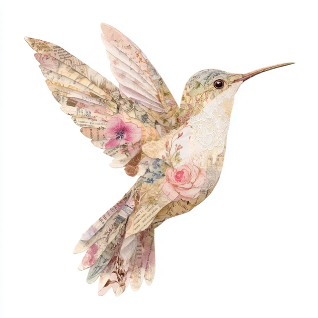 Hummingbird Collage Art: Shabby Chic Floral Illustration