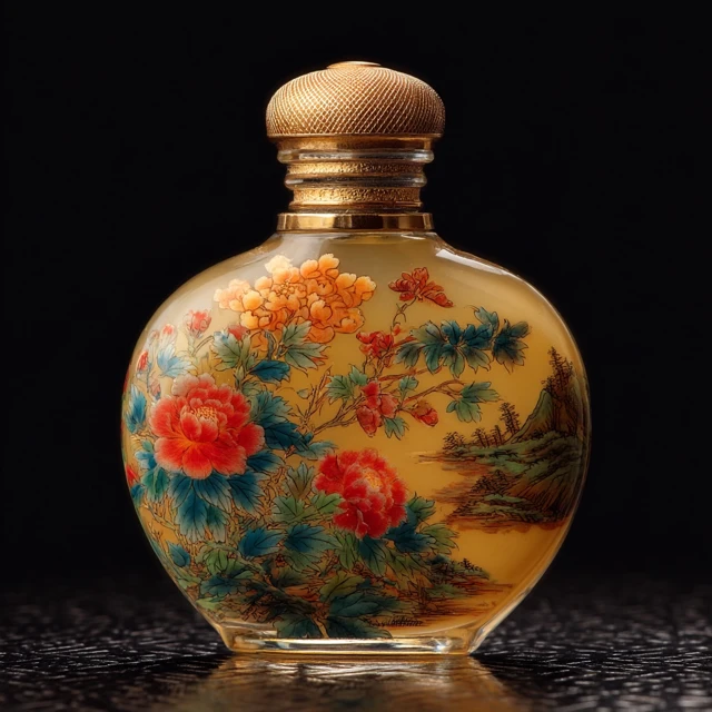 Glass Snuff Bottle with Floral Painting and Mountain View