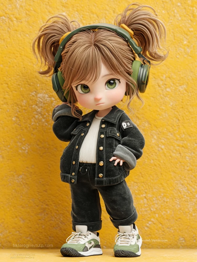 Anime Chibi Singer 3D Render with Headphones