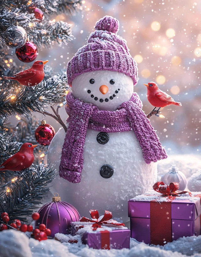 Cozy Winter Christmas Scene Cute Snowman with Ornaments