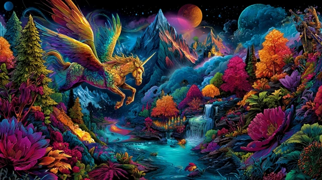 Colorful Pegasus Flying Over Mountain Landscape
