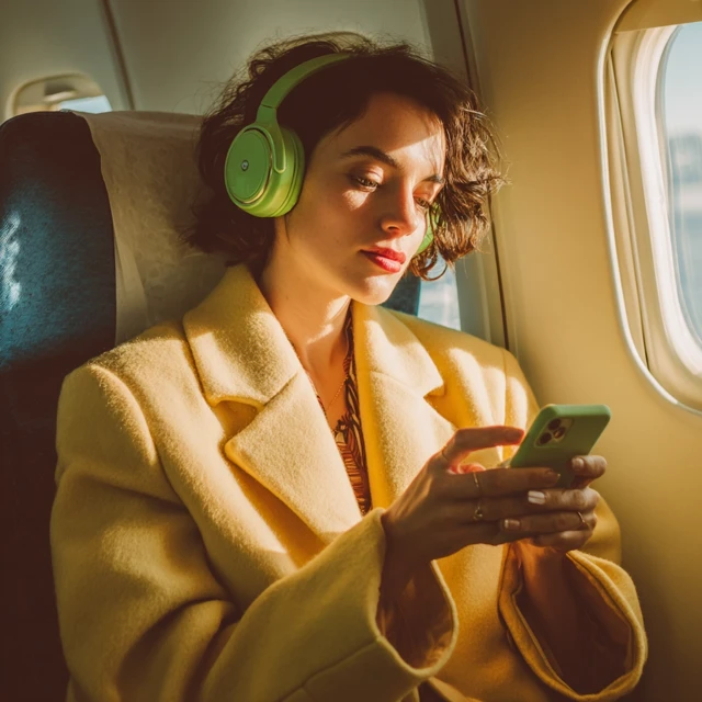 Woman on Airplane Listening to Music
