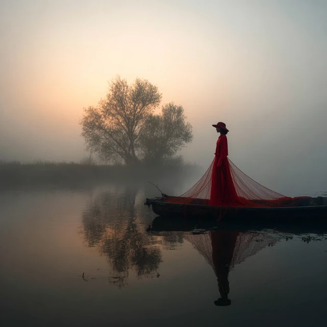Surreal Photography Woman in Red Dress on Boat