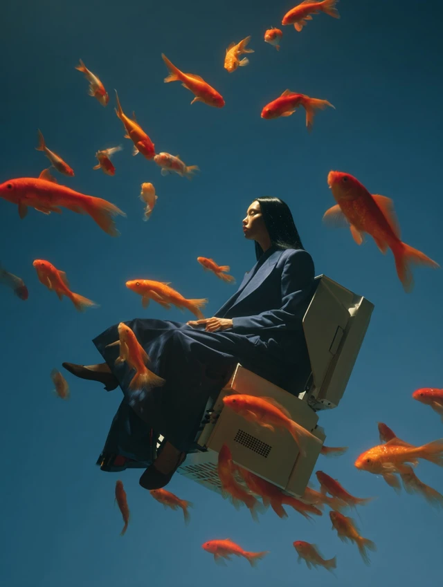 Woman in Suit Playing Computer Underwater with Koi Fish