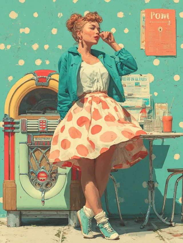Retro 1950s Illustration Dancing Woman Diner