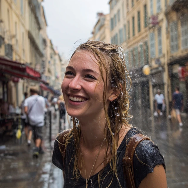 Woman in Marseille Rain Smiling