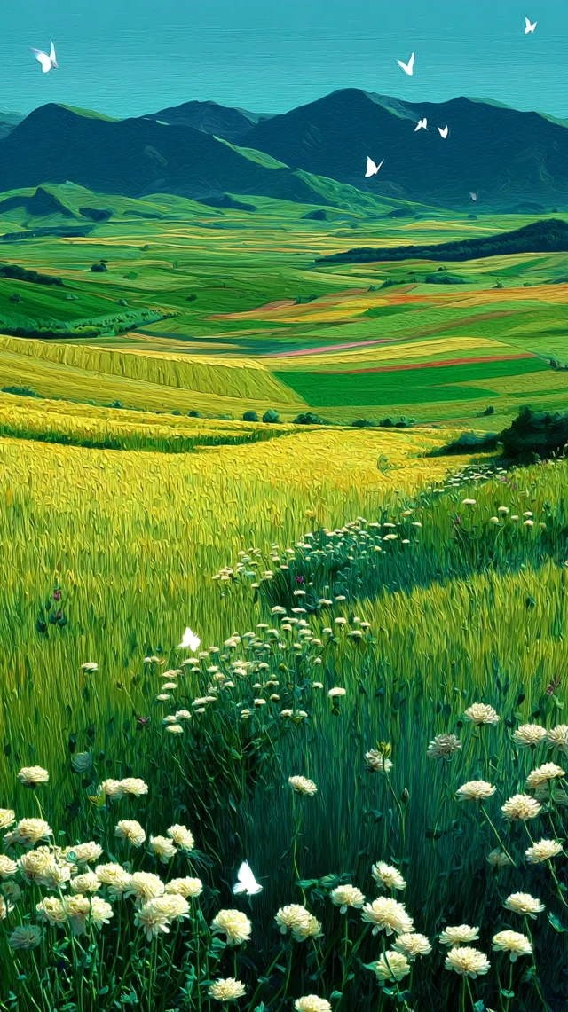 Wheat Field Landscape with Mountains and Flowers