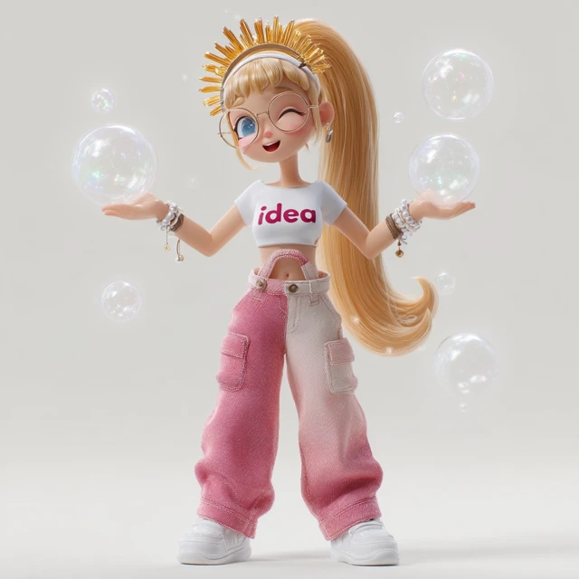 3D Blind Box Toy Girl with Glowing Bubbles and Idea Top