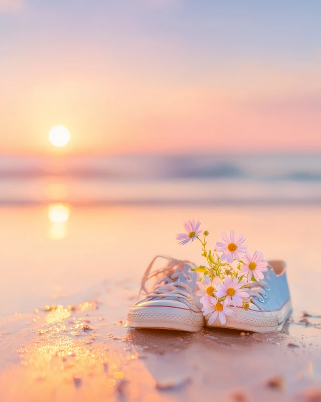 Sunrise Beach with Shoes and Flowers