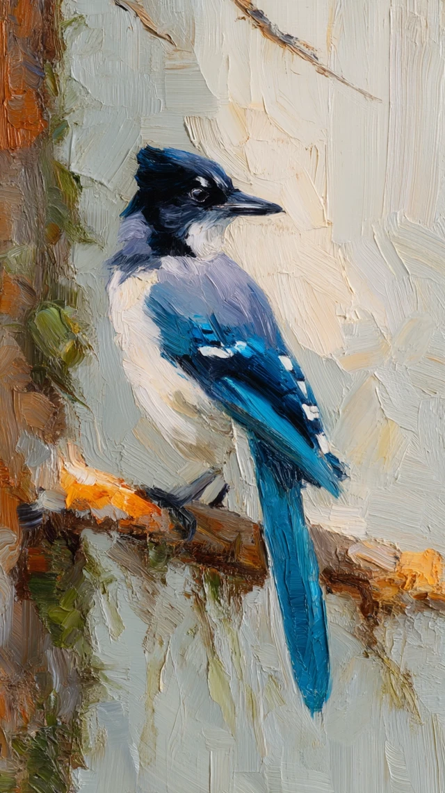 Impasto Painting of a Blue Jay on a Branch