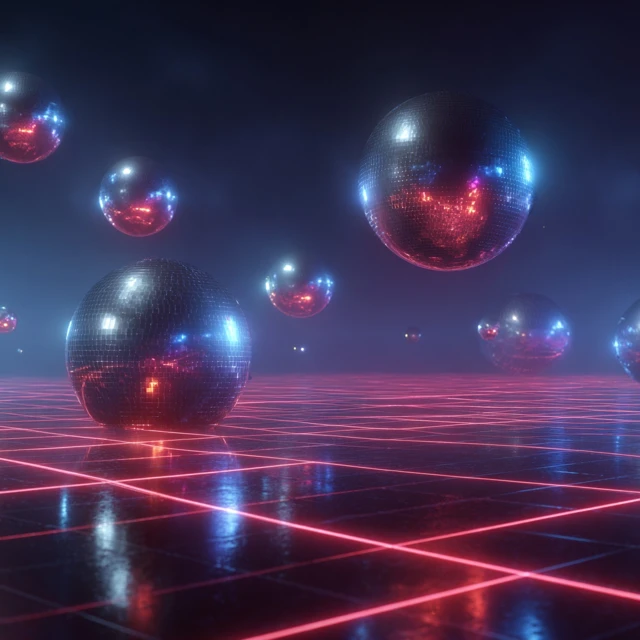 Disco Balls Neon Lights Futuristic 3D Rendering