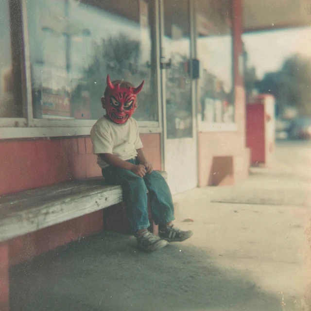 Devil Mask Child at Gas Station Vintage Photo