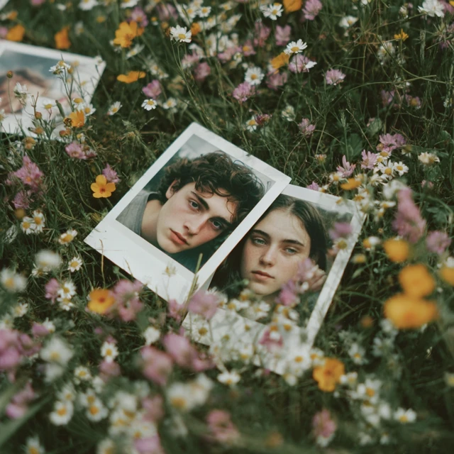 Couple Portraits on Polaroids in Flower Field