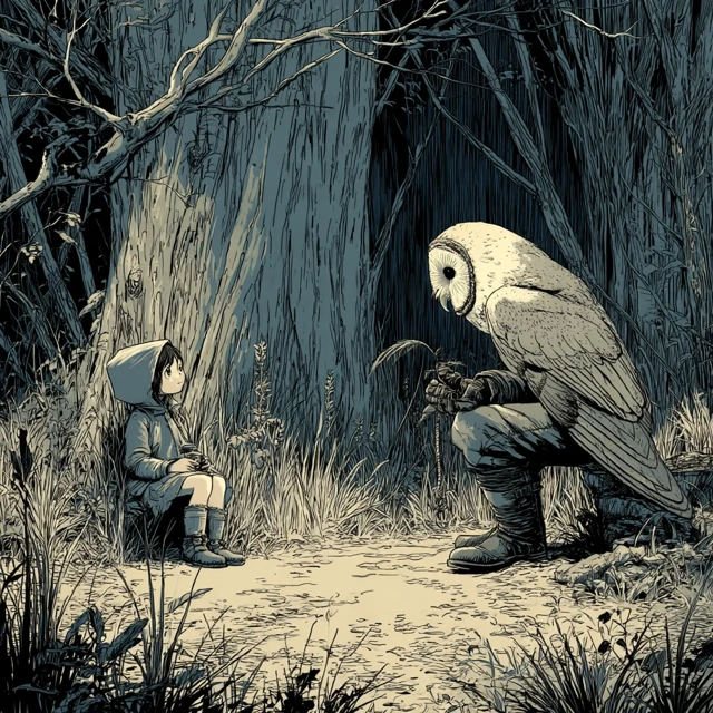 Owl and Girl in Forest Clearing Illustration