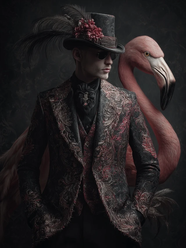 Gothic Flamingo Portrait In Stylish Attire