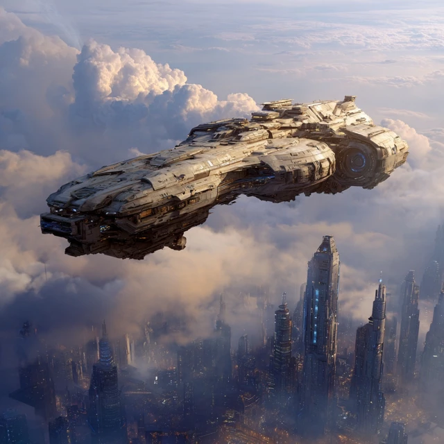 Halo Pillar of Autumn Starship over Futuristic Moon City
