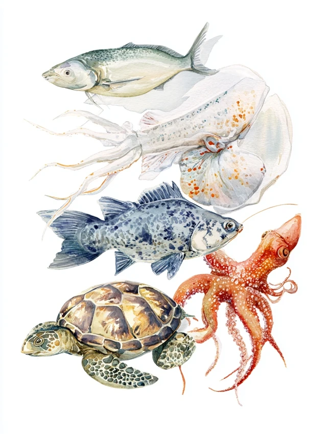 Watercolor Ocean Creatures Calming Underwater Scene