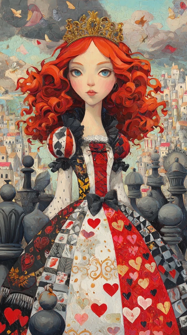 Queen of Hearts on Chessboard Art by Michael Cheval