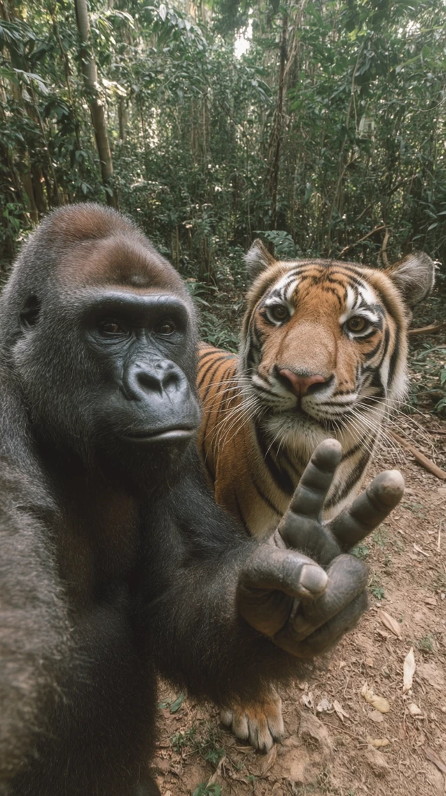 Gorilla and Tiger Peace Sign in the Jungle