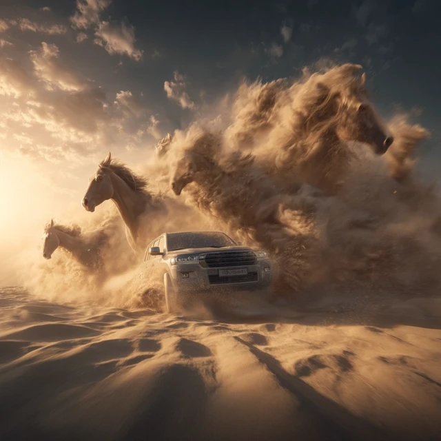 OffRoad SUV and Galloping Horses Desert Scene