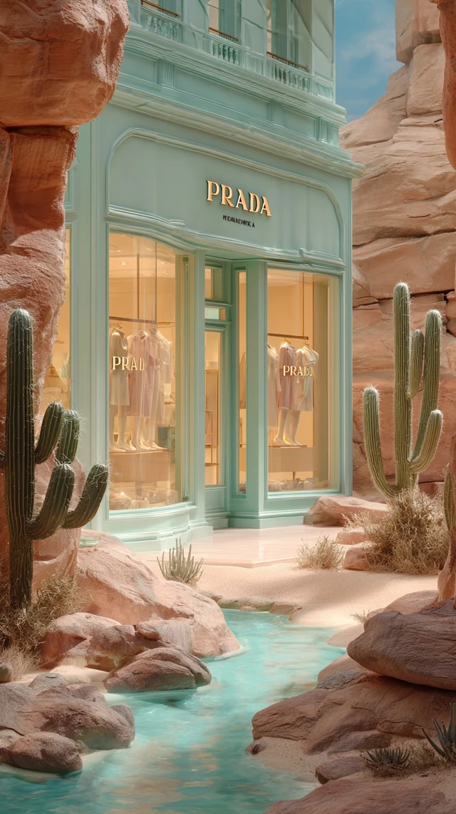PRADA Store in a Pastel Desert Scene Fashion Photography