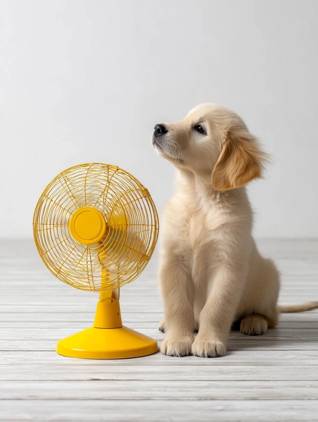 Puppy and Fan A Warm Summer Home Interior
