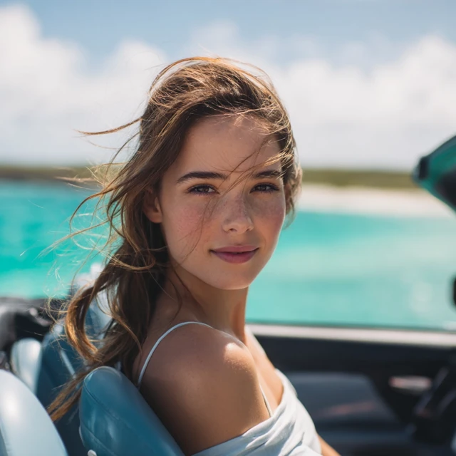 Beautiful Woman in Convertible Car Sunny Day