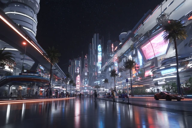 Futuristic Cityscape Neon Lights Retro Cars Night Scene