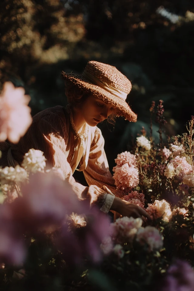 Woman Harvesting Flowers in a Peaceful Garden