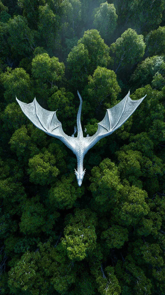 White Dragon Soaring Above Emerald Forest
