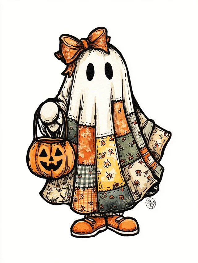 Cute Patchwork Ghost Halloween Illustration