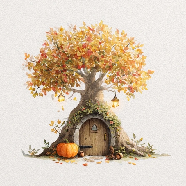 Cozy Fairy Tree Watercolour Illustration
