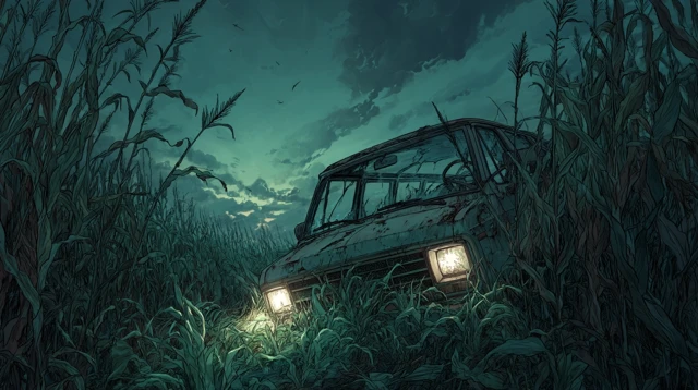 Van in Cornfield Illustration Frank Miller Style