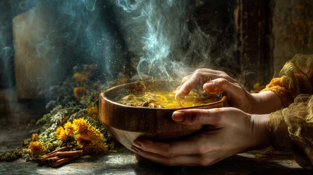 Mystical Hands Holding Glowing Bowl Golden Elixir