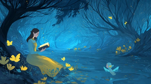 Princess Reading in Enchanted Forest Illustration
