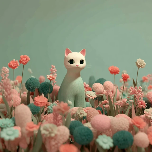 Kitten in a Flower Field 3D Illustration